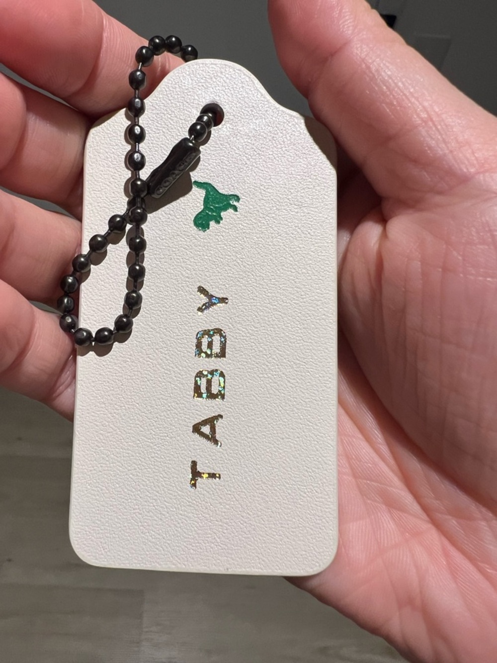 Coach White Green “Tabby” Dinosaur Glitter Leather Hangtag Bag Charm  Large NEW